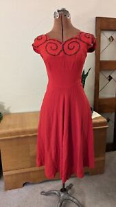 Vintage early 50s midcentury red fit & flare dress black beadwork XXS handmade