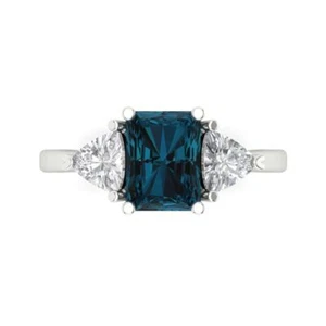 2.82Ct Emerald Natural London Blue Topaz 3 Stone Engagement Ring, 14K White Gold - Picture 1 of 11