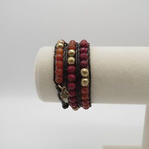 Lucky Brand Wrap Bracelet 7"  Carnelian Agate Red Gold Tone Bead Faux Leather