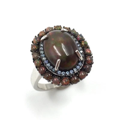 Anello in argento sterling 925 opale nero 5,13 ct opale pieno topazio blu... - Immagine 1 di 4