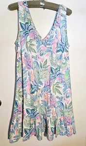 LILLY PULITZER XL Dress, Pom Poms Sleeveless, Parrots Tropical Pink Blue Ruffles - Picture 1 of 6