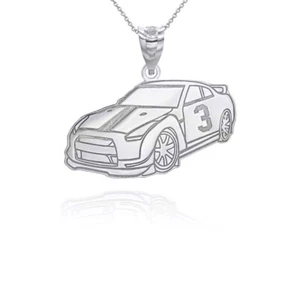 Personalized Engrave Name Silver Reversible Race Car Pendant Necklace - Picture 1 of 6