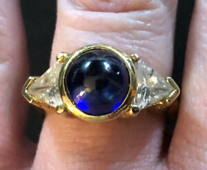 Gold Sterling Silver Ring Sapphire Blue Cabochon CZ Trillion Sz 8 7g 925 #1668