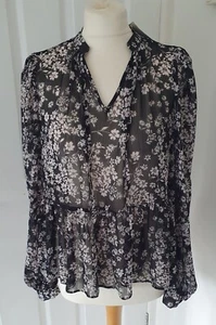 Women's George Black & White Floral Sheer Long Sleeve Loose Fit Blouse - Size 12 - Picture 1 of 14