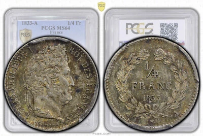 FRANCE, Louis Philippe, 1/4 Franc 1833 A, Paris, PCGS MS 64 - Image 1 of 4