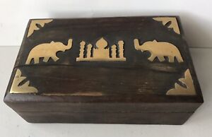 Vintage 12.5 x 7.5cm Wooden Jewelry Box with Brass Taj Mahal & Elephant Logos