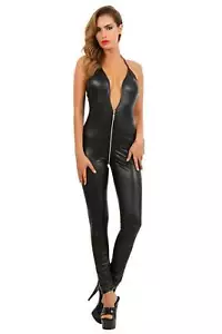 Mujer Club Mono Con 2-Wege-Zipper Efecto Mojado Negro #OV480 - Imagen 1 de 18