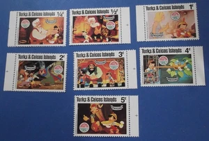 Turks & Caicos Is Christmas 1980 Walt Disney PINOCHO Lote de 7 valores con márgenes - Imagen 1 de 2