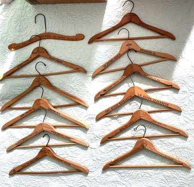 Vintage Wooden Hotel Advertising Clothes/Suit Hangers - Lot of 12 #2 Different - Image 1 of 4