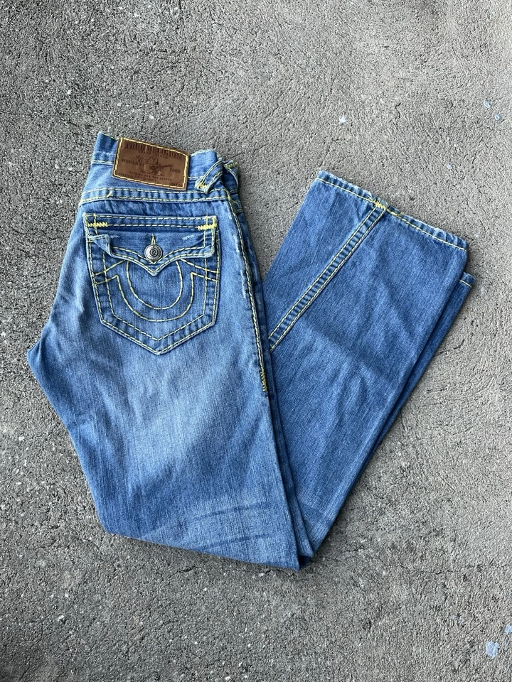 True Religion Joey Super T Size 30 Light Blue/yellow  Flared Jeans Made In USA - Image 1 of 4