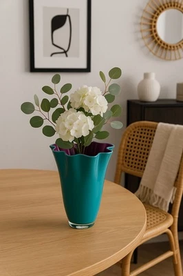 Vase Glas gewellt lila türkis Glasvase Blumenvase mundgeblasen Tischvase - Bild 1 von 4