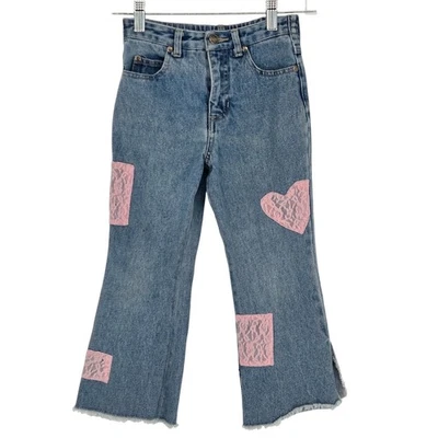 Bratz Denim Jeans Girls 6 Pink Lace Heart Patches Raw Hem Flare Vintage Y2K - Image 1 of 4