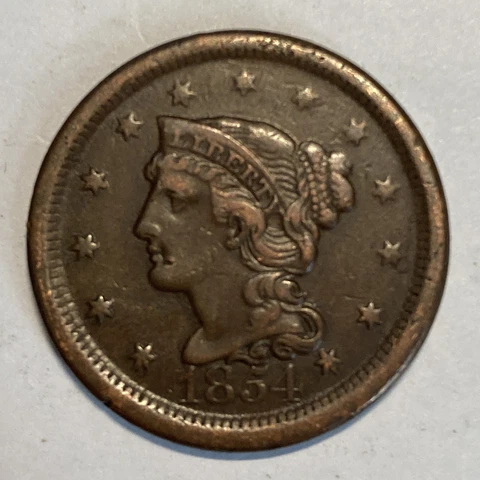 VF 1854 Braided Hair Large Cent US Type Coin - Very Fine - Coin Shown Ships LT#2 Cover