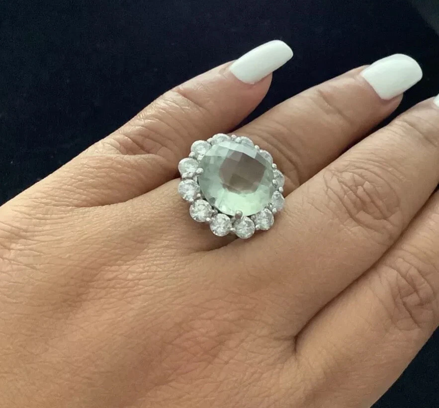 Anillo grande de plata de ley 925 con halo de prasiolita amatista verde de 14 quilates talla 6,5 Foto 1 de 4