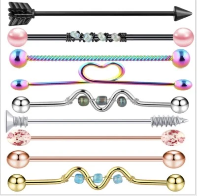 Set of 9 Industrial Scaffold Bar Ear Piercing Straight Barbell Steel Gem Opal - Image 1 of 4