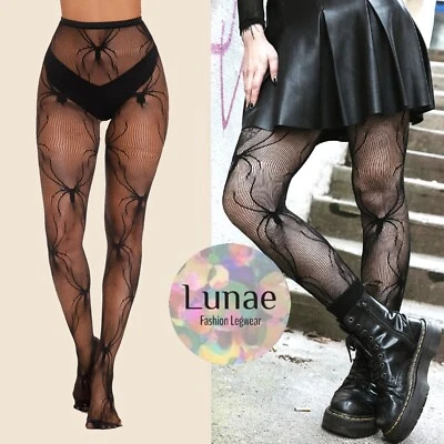 fishnet tights SPIDER lace pattern black mesh 8/10/12/14 Halloween Y2K goth rave - Image 1 of 3