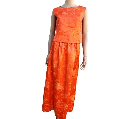 60s Vintage Maxi Skirt Set Size 4 Orange Silk Brocade Made in Hong Kong NWOT DOS - Image 1 of 4