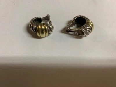 David Yurman Thoroughbred Yellow Gold Sterling Silver Shrimp Omega Earrings - Image 1 of 2