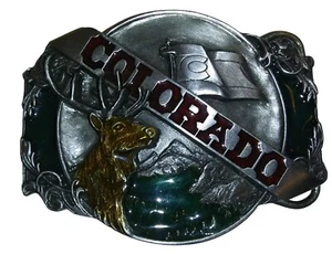 Bull Elk Siskiyou Belt Buckle Co. Colorado State Flag Rockies Pewter Buckle 1985 - Picture 1 of 7