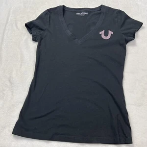 True Religion Women's Size Small Black Multi Buddha Slim V-Neck Tee - Picture 1 of 8