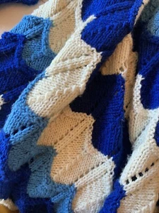 Vtg Hand Crocheted Afghan Throw Blanket 55x74” Zigzag Scalloped Waves Blue White - Picture 1 of 12