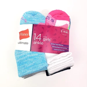Hanes Ultimate Girls Size S 6-10.5 Multicolored Cushion Ankle Socks 14 Pair Pack - Picture 1 of 8
