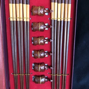 Vintage Chopsticks Set With Carved Rests - Picture 1 of 7