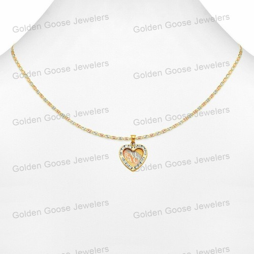 Ciondolo Charm Vero Oro 14KT Tricolore Zirconi Te Amo Cuore Amore Catena Valentino