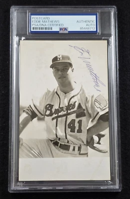EDDIE MATHEWS Signed Real Photo Postcard-HOF-MILWAUKEE BRAVES-PSA - Image 1 of 4