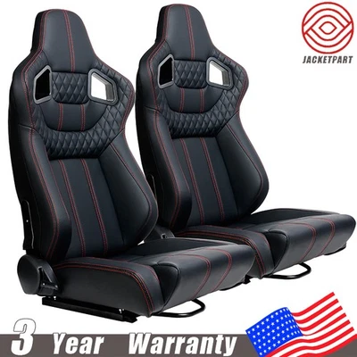 2 pcs Reclinable Racing Seats Vinyl Leather Red Stitch for Acura w/ Dual-Slider - Image 1 of 4