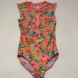 girls XS 4/5 Cat & Jack one piece zip up swimsuit rash guard swim tropical print - Picture 1 of 3