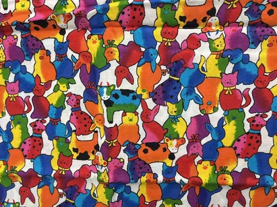 Rainbow Rascals Colorful Dogs Cats Bunny Cow Fabric 38" Plus x  44" Cotton - Image 1 of 4