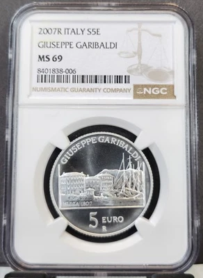2007 ITALY SILVER 5 EURO GENERAL GIUSEPPE GARIBALDI NGC MS 69 RARE TOP POP - Image 1 of 3