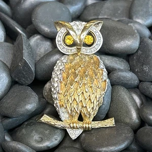 Panetta Pin Brooch Figural OWL Gold Tone Citrine Clear Rhinestone Vintage Signed - Picture 1 of 10
