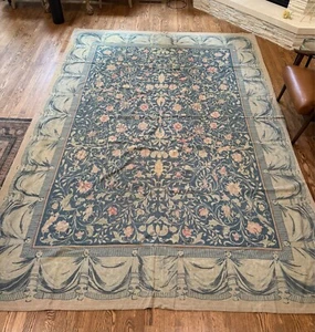 Vintage French Blue Handwoven Large 8"x11" Tapestry Rug Victorian Floral READ - Picture 1 of 9