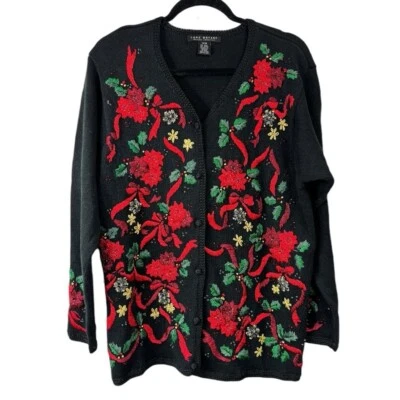 Cárdigan Vintage Lane Bryant Talla XL Bordado Cuentas Navidad Rojo Vacaciones Foto 1 de 4