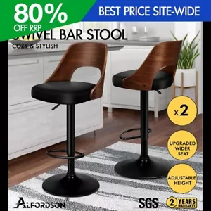 ALFORDSON 2x Bar Stools Kitchen Swivel Chair Wooden Leather Gas Lift Black - Picture 1 of 12