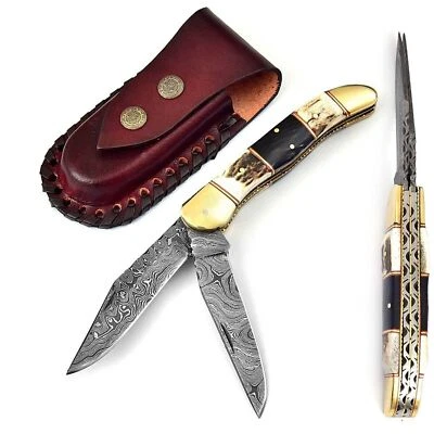 Double Blade Guild Stag Damascus Steel Pocket Knife | Buffalo Horn Insert+Sheath - Image 1 of 4