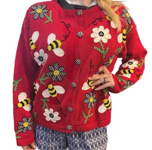 Vtg 80, 90s Design Options By Philip & Jane Gordon Sweater/Cardigan Bees Flowers - Picture 1 of 18