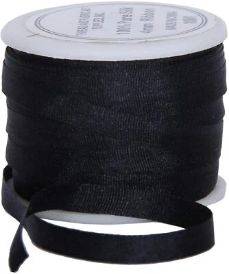 Threadart 100% Pure Silk Ribbon - 4mm Black  - No. 002- 10 Meters - Image 1 of 4