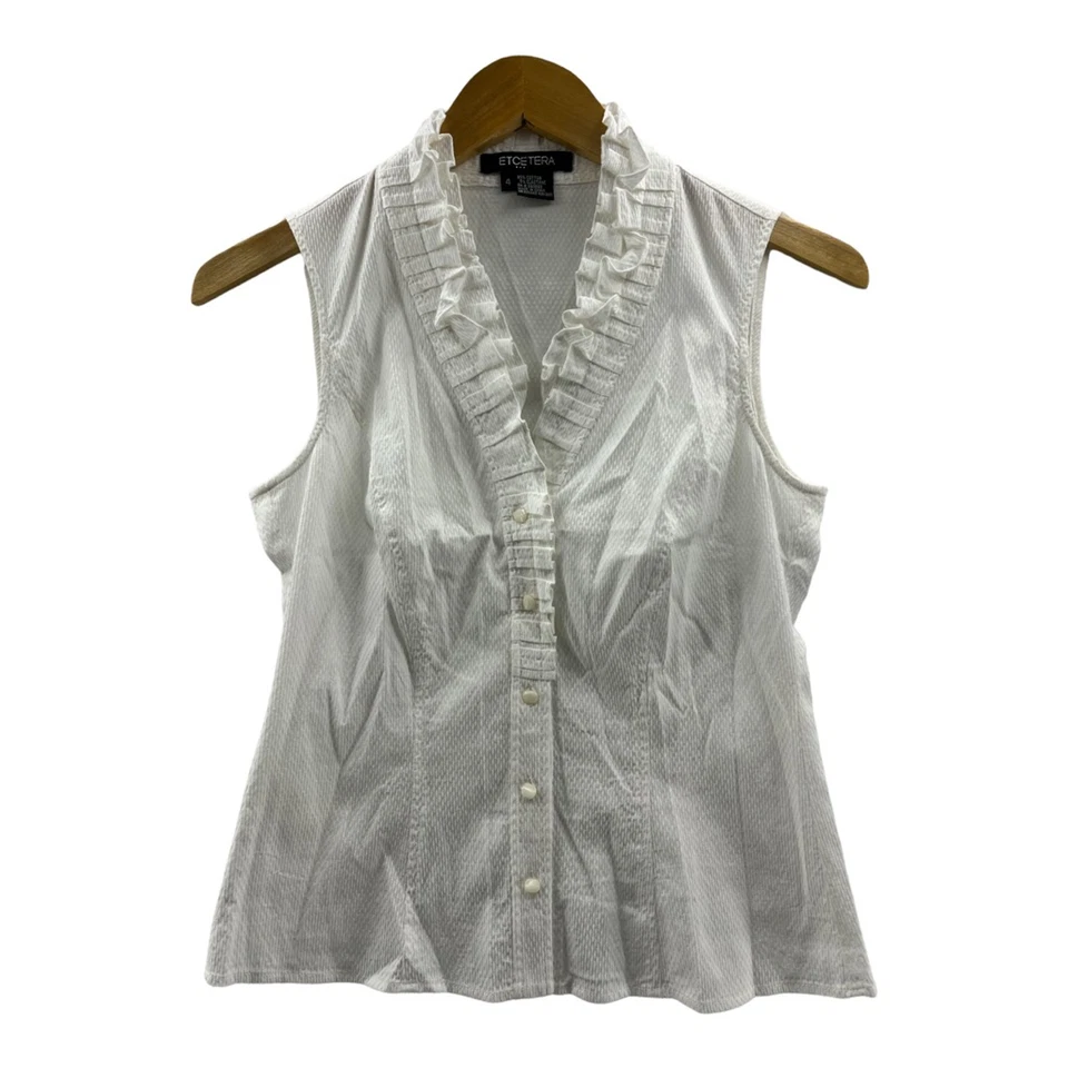 Camisa Etcetera Mujer Botón Frontal Blanca Texturizada Sin Mangas Cuello en V Elastizada 4 Foto 1 de 4