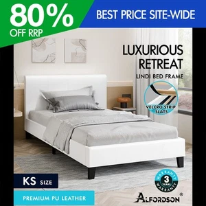 ALFORDSON Bed Frame King Single Mattress Base Wooden Platform Leather White - Picture 1 of 12