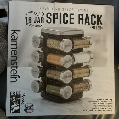 Kamenstein 16 Jar REVOLVING SPICE RACK TOWER Stainless Steel and Black FILLED - Image 1 of 3