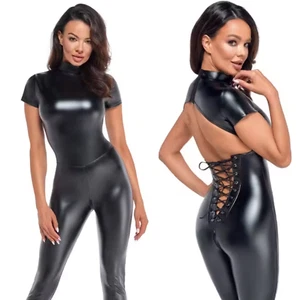 Open Back Catsuit With Lacing in Wetlook - Picture 1 of 9