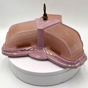Rare 30’s Art Deco Porcelier Flush Mount Slip Shade 3 Light Orchid/Gold Original - Picture 1 of 19