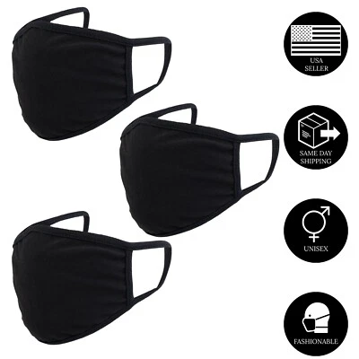 Cotton Face Mask Adult Double Layer Black Reusable Washable Men & Women 3PCS - Image 1 of 4