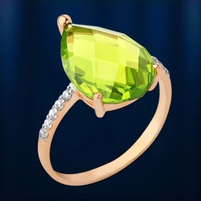 585 Gold Rose Rotgold Goldring Ring mit Tropfen Peridot Sital & CZ Solitär  - Bild 1 von 3