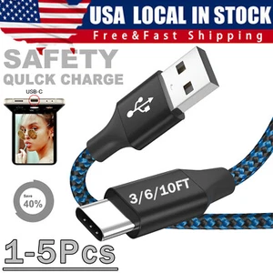 Braided USB Type-C Fast Charging Data SYNC Charger Cable Cord 3/6/10FT LONG LOT - Picture 1 of 21