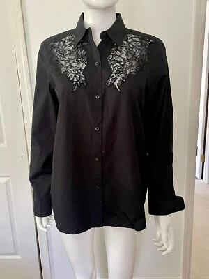 Nueva Blusa Clásica Lauren Ralph Lauren LRL Negra Algodón/Apliques de Encaje Talla M Foto 1 de 4