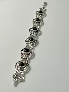 925 Sterling Silver 7" Filigree Black Onyx Bracelet - Picture 1 of 3